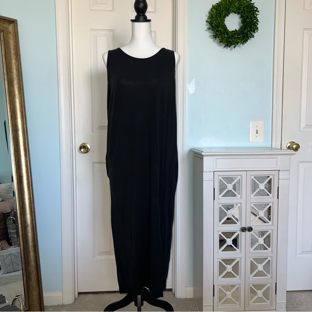 COS Black Soft Jersey Tank Top Draped & Gathered Midi Dress with Pockets